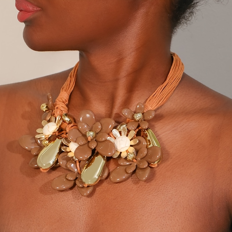Boho Brown Resin Floral & Geometric Pendant Layer Necklace